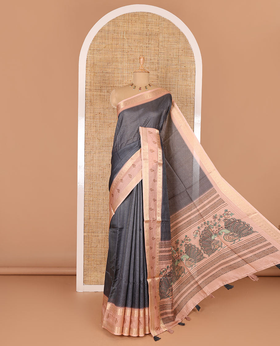 Grey gold zari checked katan silk saree with contrast traditional zari border of peacock print, peacock printed pallu, and contrast printed blouse