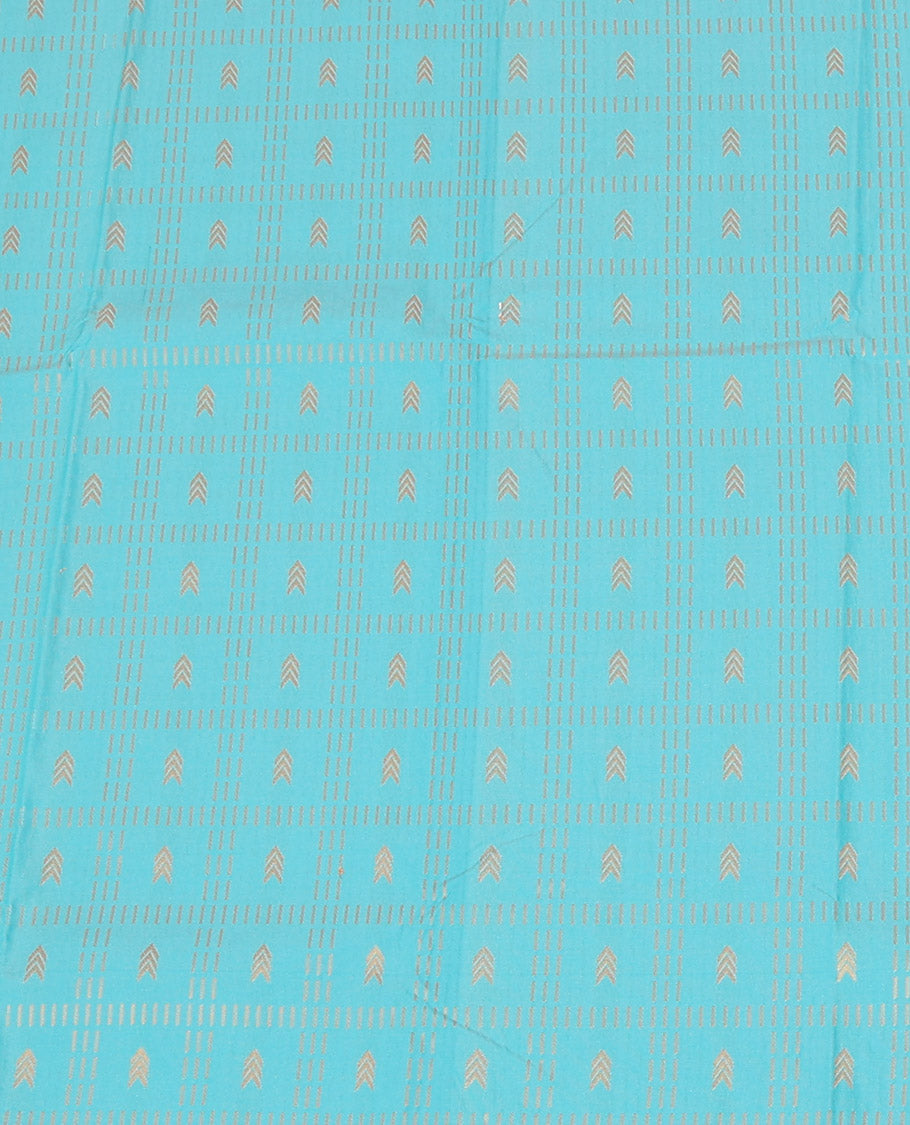 Blue Art Silk Pavadai Material Set, Decorated with Zari Butta Enclosed Checks All Over the Skirt, Complemented by a Contrast Paisley Zari Border, and Paired with a Contrast Blouse