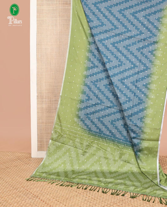 Peacock blue 1000 butta digital print kathan silk saree with contrast border & contrast pallu along with contrast blouse