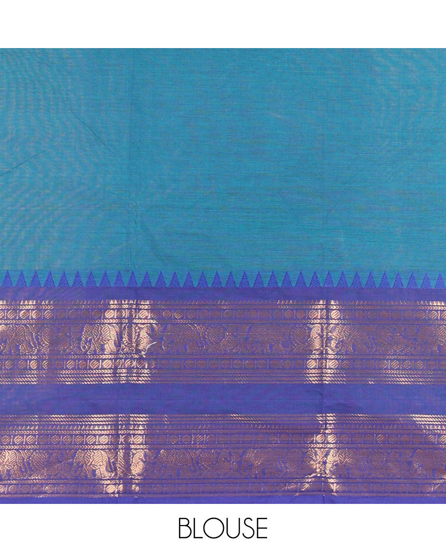 Blue Plain Chettinad Cotton Saree, Complemented by a Contrast Traditional Rettai Pettu Temple Border of Peacock-Elephant Designs, Subtly Striped Pallu, and Paired with a Matching Blouse