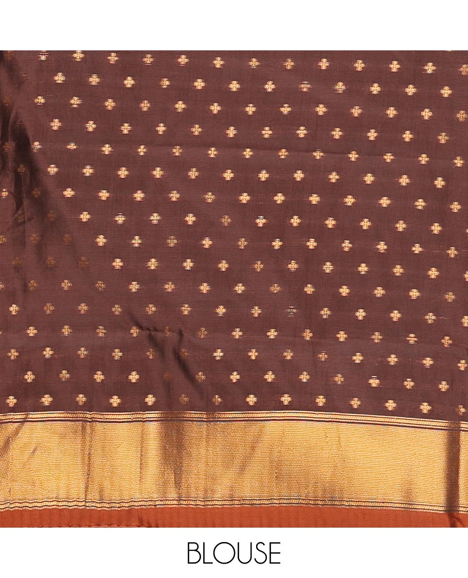 Rust Orange Kanchi Silk Saree, Adorned with Jacquard Design All Over Its Body, Complemented by a Contrast Zari Border of Paisley Designs, Gracefully Embellished Pallu, and Paired with a Contrast Jacquard Blouse