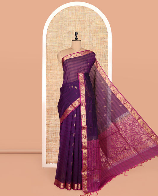 Purple Silk Cotton Saree, Embellished with Zari Buttas and Stripes, Complemented by a Contrast Traditional Zari Border, Floral Jaal Pallu, and a Contrast Blouse