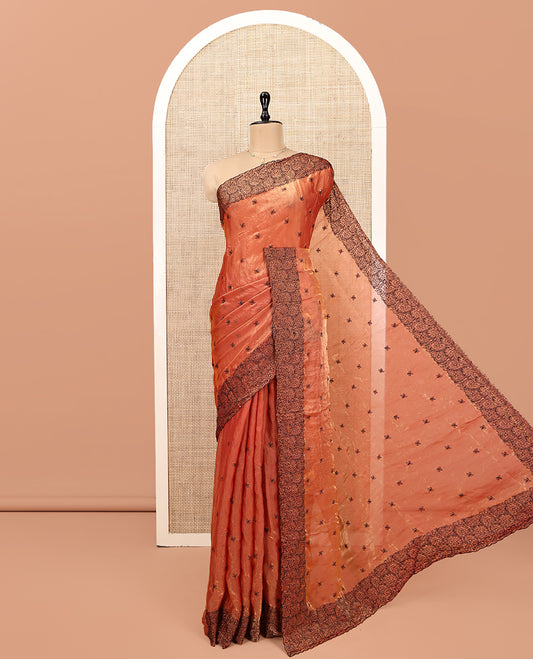 Orange Designer Saree, Beautified with Leaf Motif Embroidery, Scallop Floral Jaal Embroidery Border, and Matching Embroidered Blouse