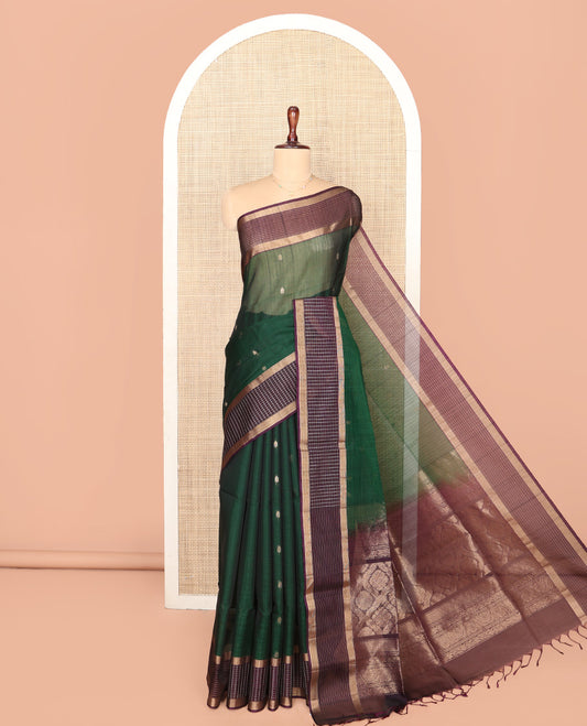 Green Silk Cotton Saree, Enriched with Zari Buttas, Complemented by a Contrast Checked Border, Intricately Designed Pallu, and a Contrast Blouse