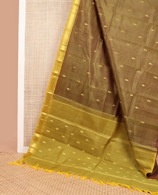 Brown floral buttas kancheepuram silk saree with contrast border of zari design border & floral design pallu