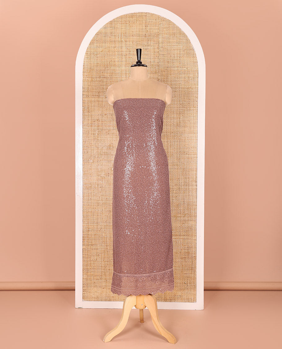 Chocolate Brown Material Chudidar Set Features Sequin Embroidered Georgette Top, a Plain American Crepe Bottom, and a Scallop Dupatta Embellished with Floral Vine Embroidery