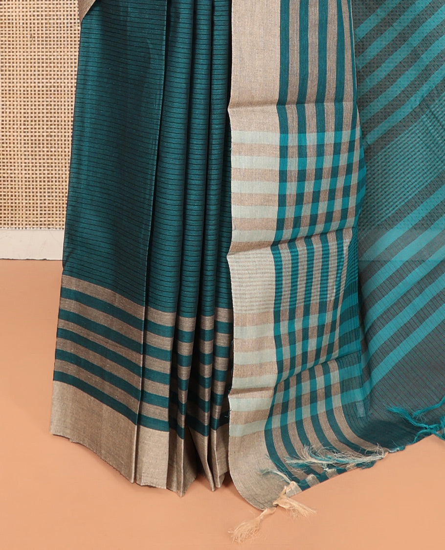 Peacock Blue Striped Andhra Cotton Saree, a Contrast Border, Striped Pallu, and a Matching Blouse