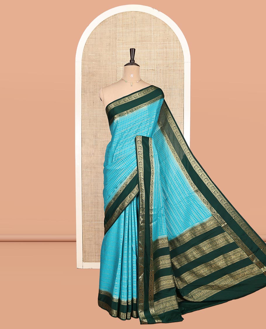 Rama Blue Fancy Mysore Silk Saree Features Checks, Contrast Traditional Double-Pet Border, Rich Pallu, Contrast Blouse