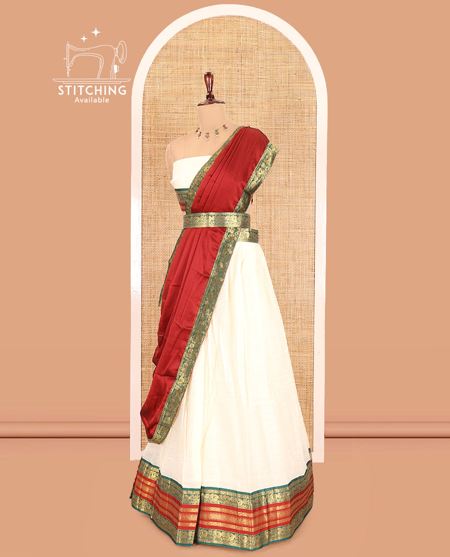 Cream-Maroon Semi-Silk Cotton Half-Saree