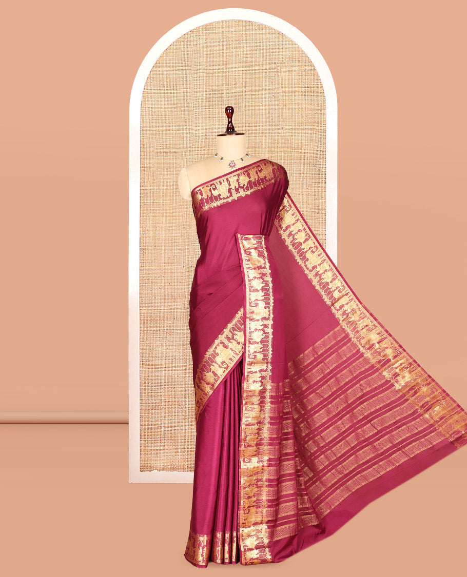 Wine Plain Semi-Mysore Saree, Zari Wedding-Themed Border, Zari Striped Pallu, Matching Blouse