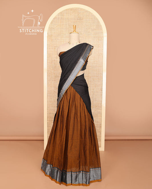 Brown cotton half saree with self zari design border, zari design blouse & plain, temple, checked design border dhavani