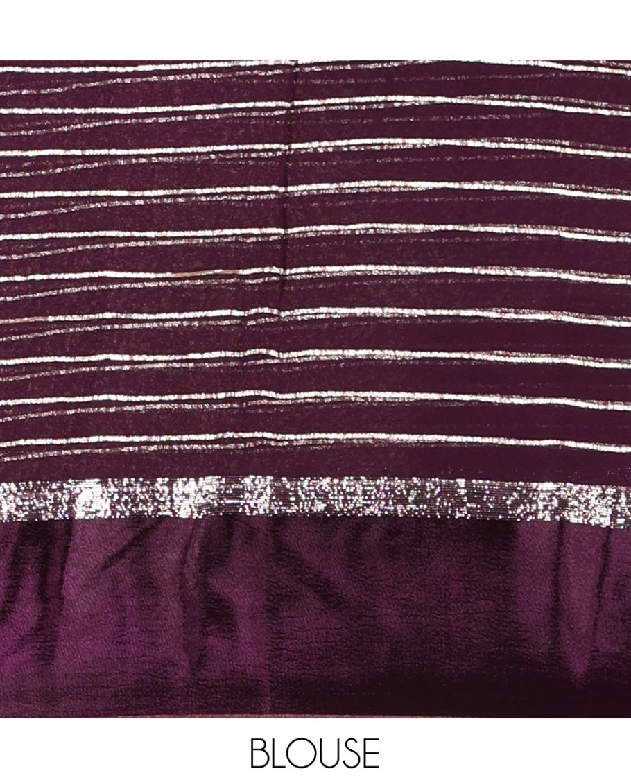 Violet Viscose Georgette Saree Gleamed with Horizontal Golden Zari Stripes All Over Its Body, Accentuated by a Satin Plain Border, a Self Pallu Featuring the Same Horizontal Stripes, and Paired with a Running Blouse