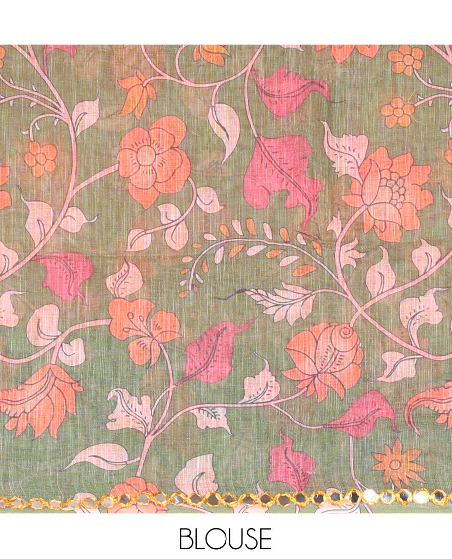 Yellow Plain Linen Cotton Saree, Contrast Plain Scallop Border, a Self-Pallu, and Contrast Kalamkari Printed Blouse