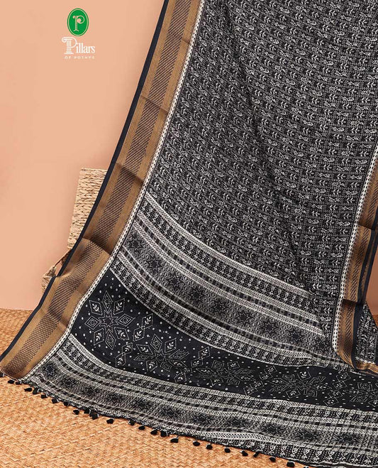Black all-over vareli print, sequence line dola silk saree with contrast copper thread gatti border & small butti design print blouse