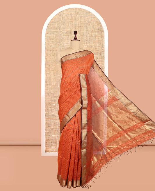Rust Maheshwari Cotton Saree, Delicately Woven with Zari Checks, a Traditional Zari Border, Gleaming Zari Pallu, and a Matching Blouse