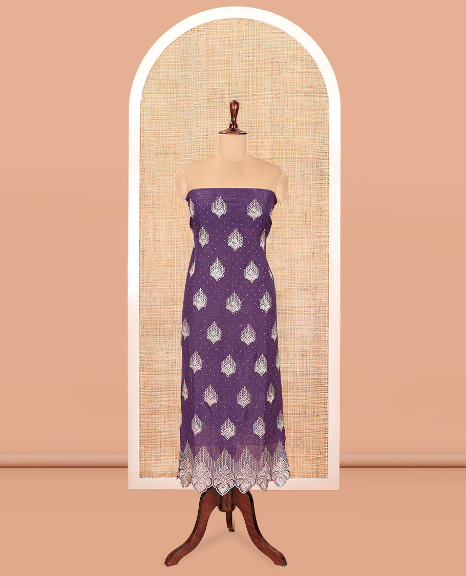 Dark Purple Crunchy Chiffon Material Chudiddar, Embroidered Top, Plain Bottom, Embroidered Scallop Dupatta