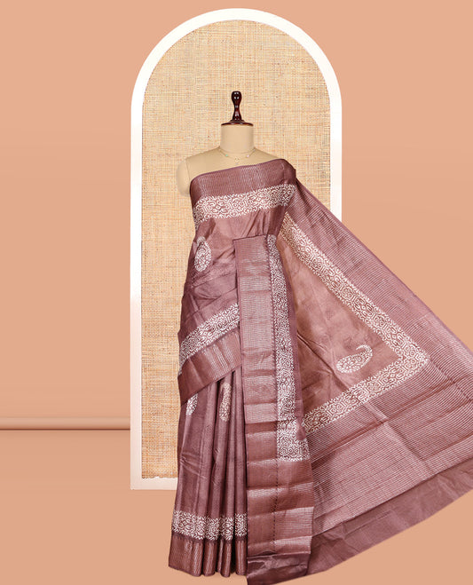 Brown Tusser Silk Saree Features Buttas, a Zari Border, Self-Pallu of Stripes, and a Matching Blouse