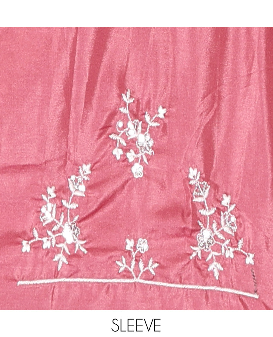 Onion Pink Plain Satin Crepe Saree, Accentuated with Floral Vine Thread Embroidery on Its Border, a Self-Pallu, and Paired with a Matching Blouse