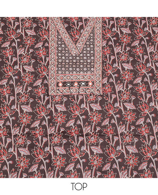 Brown Cotton Material Churidar Set, Bedecked with Floral Printed and V-Neck Top, Printed Bottom, and a Floral Printed Dupatta
