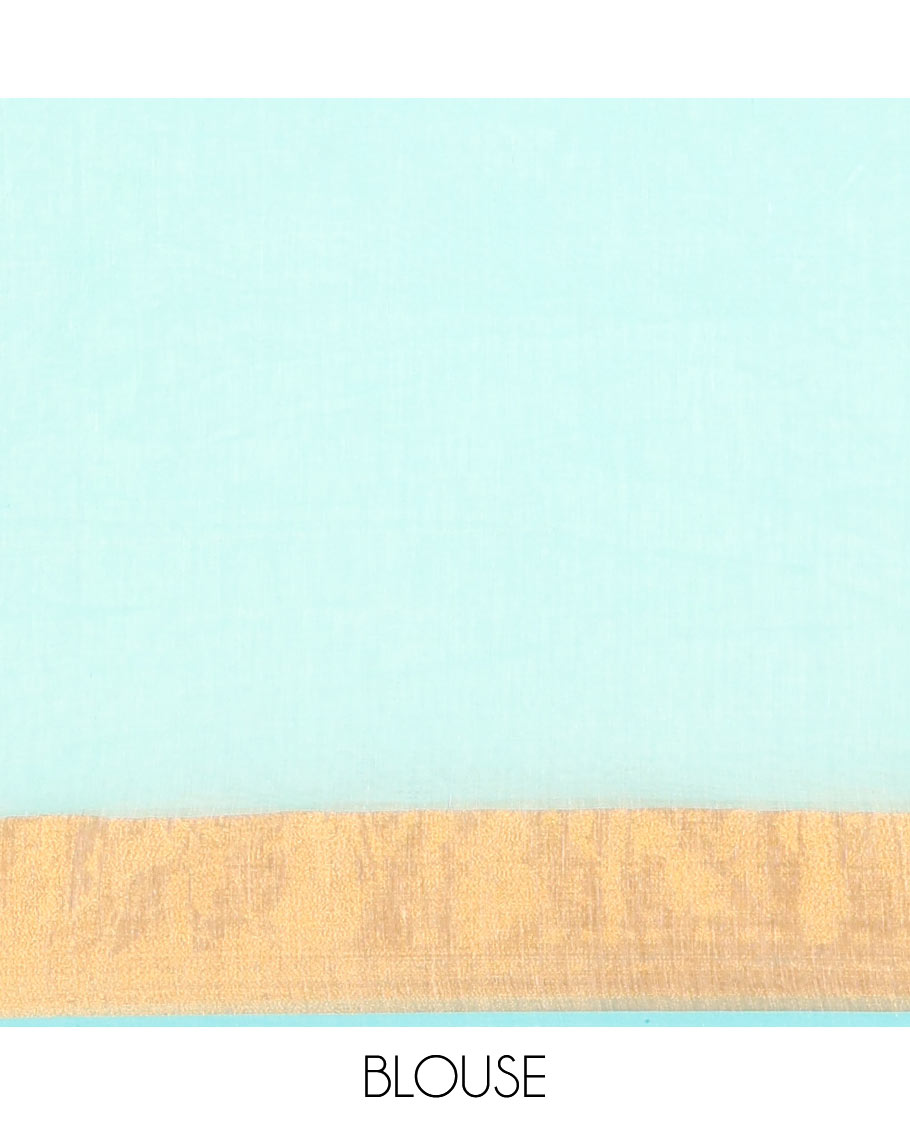 Cream and Sea Green Plain Khadi Mul Cotton Saree Features a Gleaming Zari Bavanji Border and a Contrast Sea Green Plain Blouse