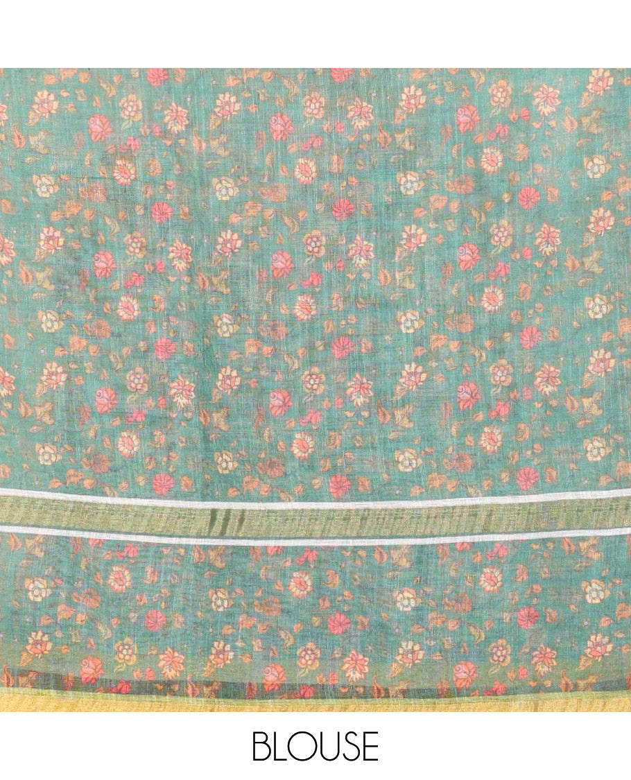 Parrot Green Linen Saree Highlighted with Leaf Motifs All Over Its Body, Complemented by a Contrast Floral Vine Printed Border, Pallu Mirrors the Floral Vine Print, and Paired with a Contrast Floral Printed Blouse
