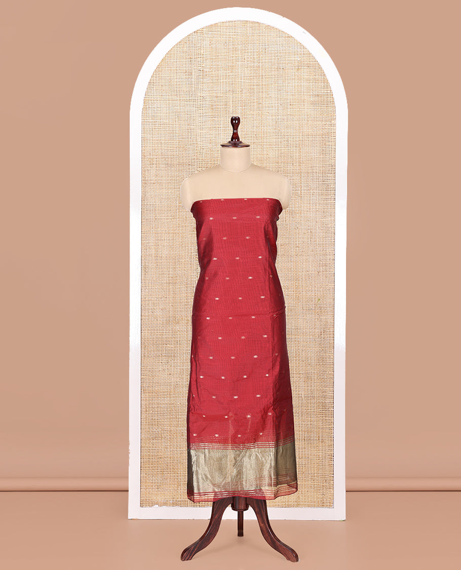 Maroon Banarasi Chanderi Material Churidar, Mesmerized with Buttas Top, a Plain Bottom, and a Matching Dupatta