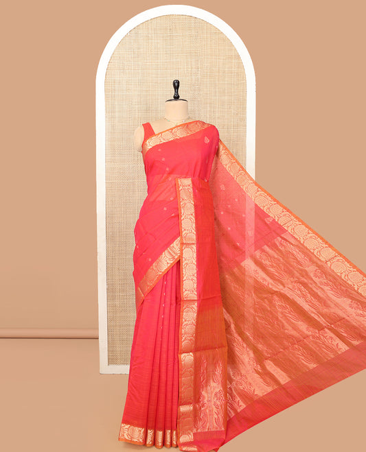 Red Silk Cotton Saree, Delicately Woven with Zari Buttas and Stripes, a Contrast Floral Creeper Border, Floral Design Pallu, and a Matching Blouse