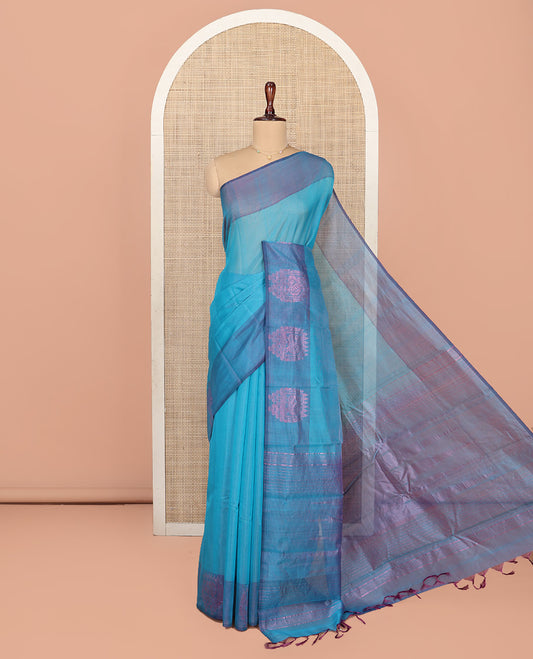 Blue Silk Saree, Subtly Woven with Buttas All Over Its Body,  Complemented by Contrast Peacock Charriot Motifs Woven Border, Temple Design Pallu and Paired with a Contrast Blouse