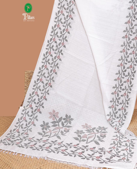 White  floral printed semi-green silk saree with self-border