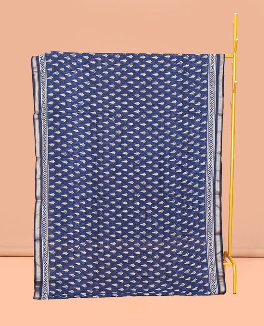 Blue Mul Mul Cotton Saree, Embellished with Tree Buttas, a Piping Border, Printed Pallu, and a Matching Blouse