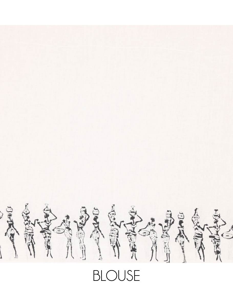 Cream warli-style human motifs block printed mul cotton saree, warli block printed border, warli block printed pallu, and a matching blouse