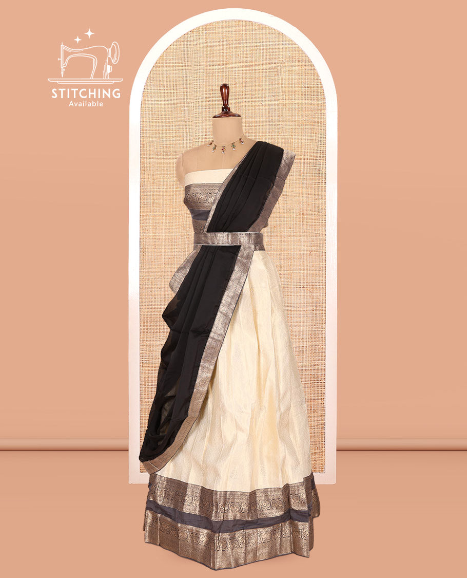 Cream-Black Semi-Silk Half-Saree