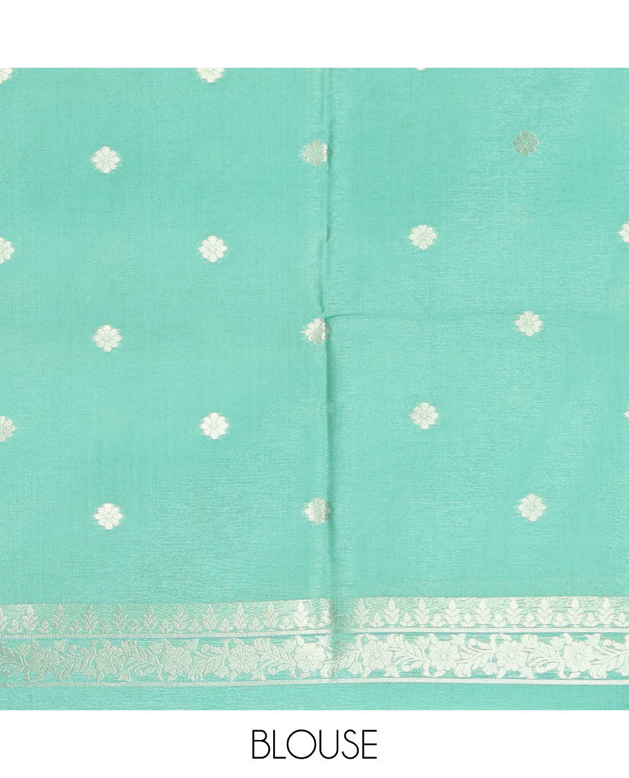 Borderless olive green geometric checks, and floral motifs fancy tussar saree, contrast traditional zari woven pallu, and a contrast zari design blouse