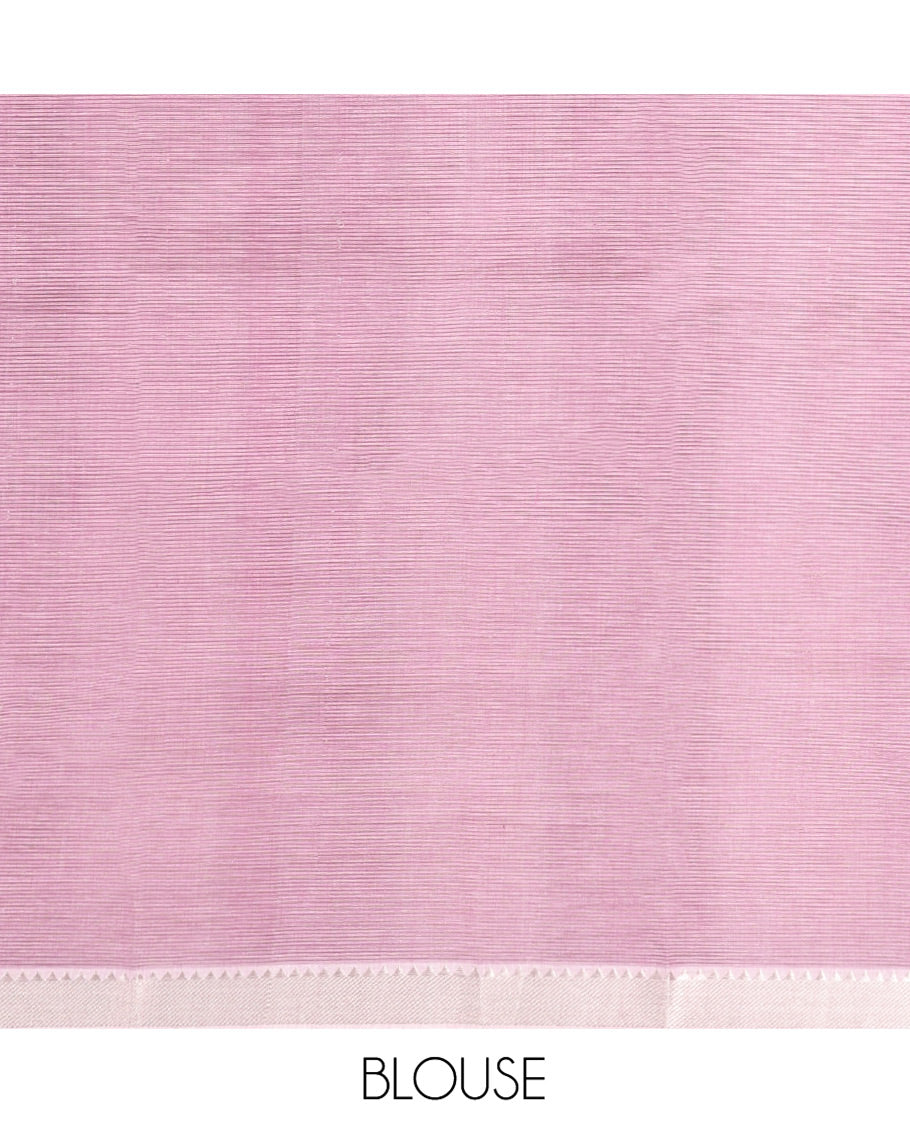 Cream-Pink Mangalgiri Cotton Saree, Sparsely Threaded with Stripes on Its Body, Highlighted by Zari Temple Border, Zari-Striped Pallu, and Paired with a Matching Blouse