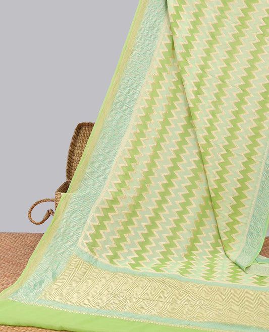 Green zig-zag striped banaras georgette saree with contrast border & geometric design pallu
