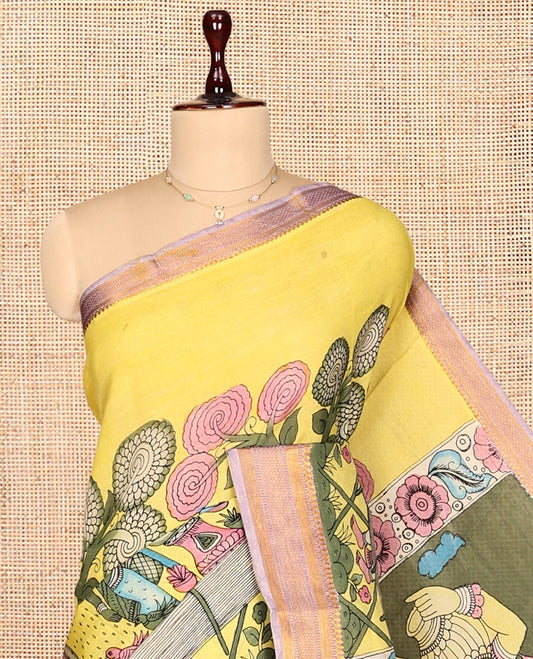 Lemon Yellow Kalamkari Silk Saree, Finely Crafted with Human Figurines, a Contrast Traditional Zari Border, Pallu of Kalamkari Human Motifs, and a Contrast Blouse