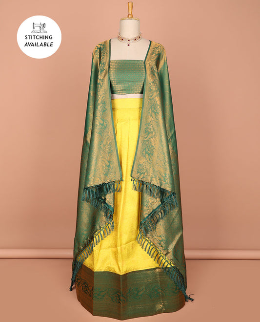 Yellow floral jacquard banaras half saree with contrast intricate zari design border, zari design blouse & floral zari design dhavani