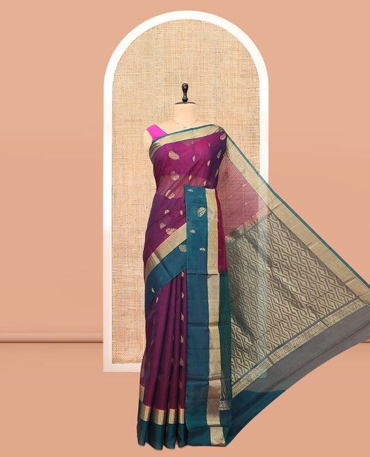Purple Silk Cotton Saree, Bedecked with Zari Buttas, a Contrast Leaf Motif Border, Geometric Pallu, and a Contrast Blouse