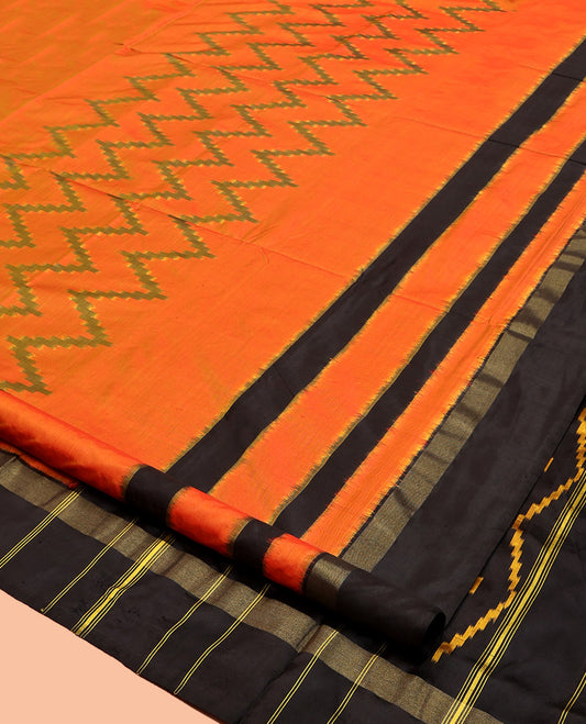 Orange Pochampally Ikat Silk Saree, Decked Up with Chevron Stripes, Complemented by a Contrast Border, Chevron Striped Pallu, and a Contrast Blouse