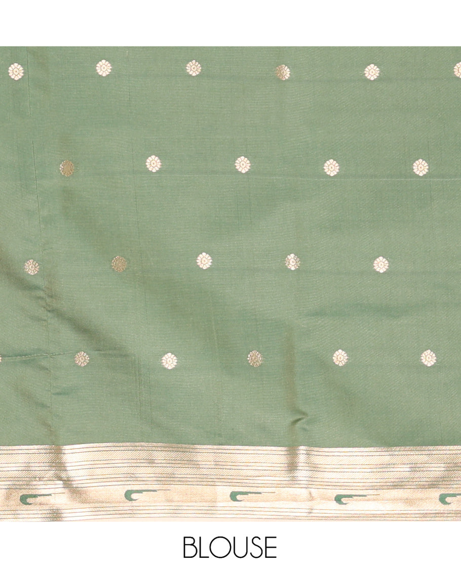 Cream Elite Soft Silk Saree, Woven with Zari Buttas, a Contrast Tree Motifs Temple Border, Paithani-Style Woven Pallu, a Contrast Blouse
