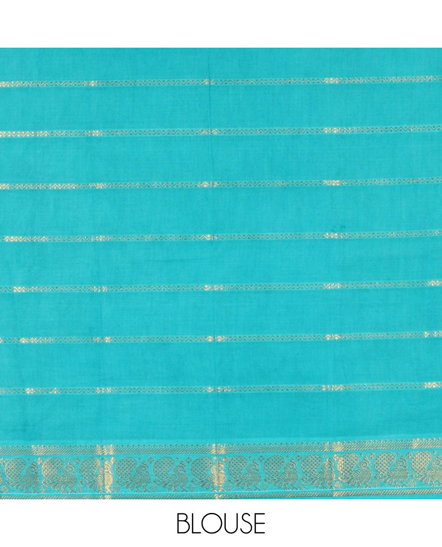 Navy blue plain sungudi cotton saree, contrast peacock motifs zari border, zari striped pallu, and a zari design blouse