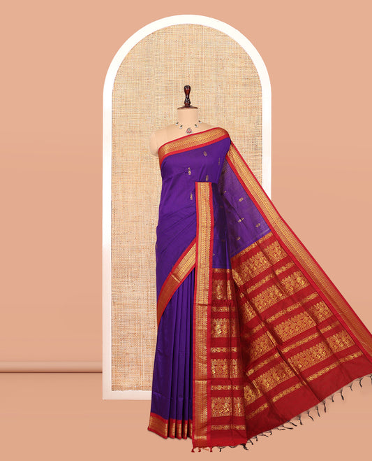 Violet Kalyani Cotton Saree, Subtly Woven with Zari Buttas, Complemented by a Contrast Traditional Border, Traditional Pallu, and a Contrast Blouse