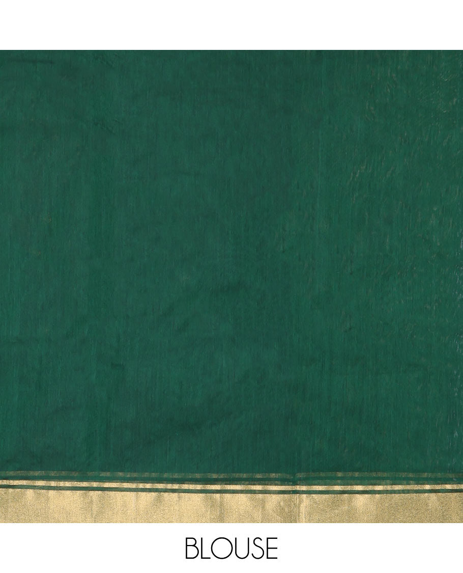 Black Chanderi Cotton Saree, Ornamented with Floral Buttas All Over Its Body, Highlighted by Zari Border, Complemented by Contrast Pallu of Floral Jaal Designs, and Paired with a Contrast Blouse