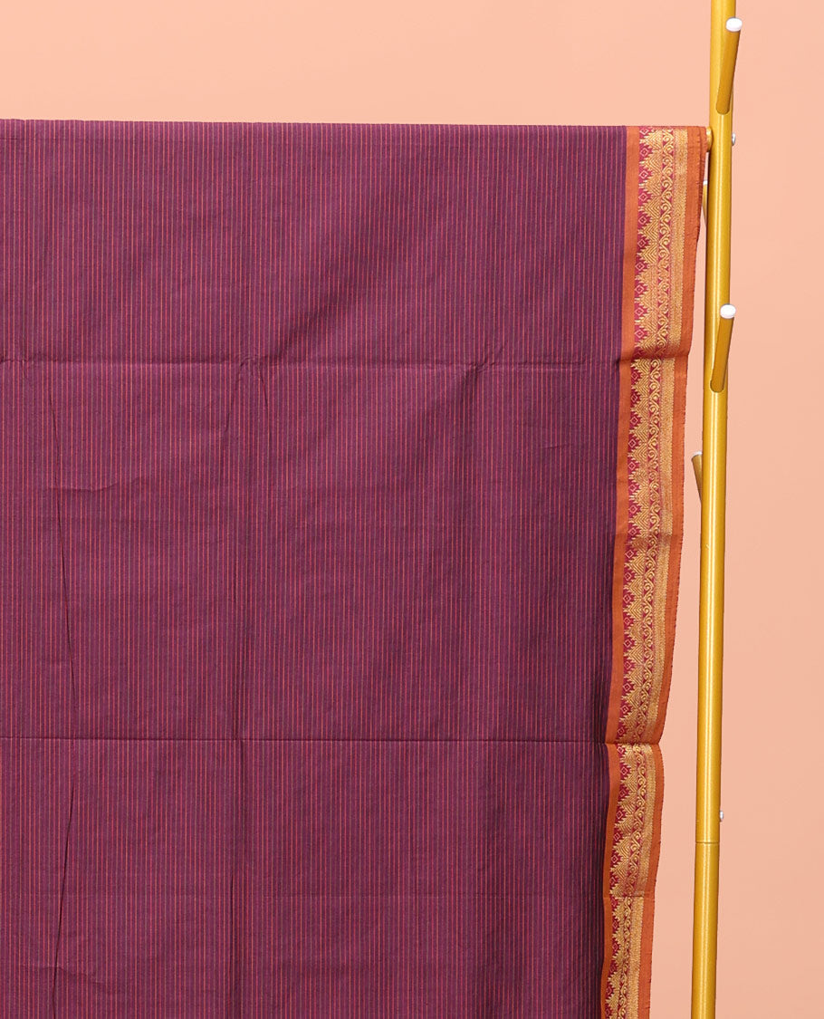 Wine Striped Poly Cotton Saree