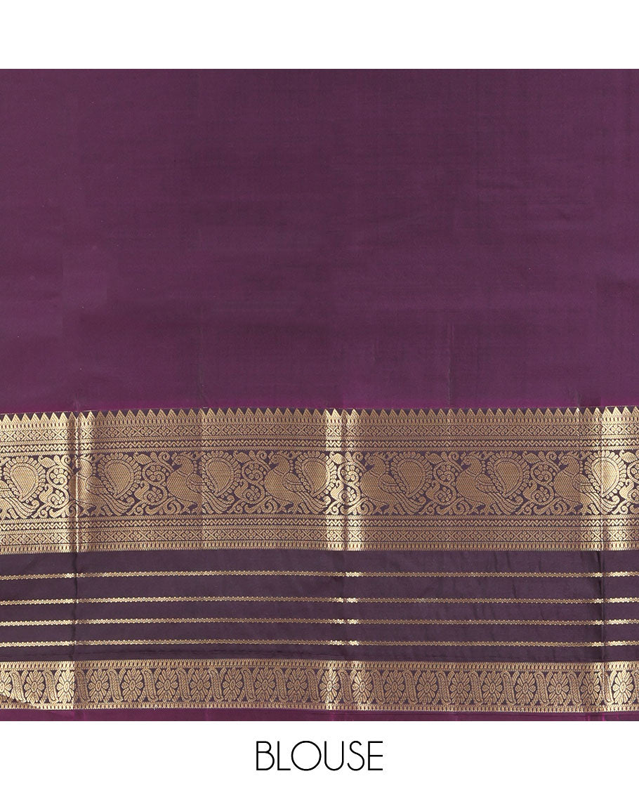 Blue Vasundhara Lite Silk Mix Saree, Mesmerized with Zari Buttas on Its Body, Complemented by a Contrast Varisai Pettu Border of Rekku, Muthu, Neli, Mayil, and Cross Kamalam Designs, Beautifully Bedecked Pallu, and Paired with a Contrast Blouse