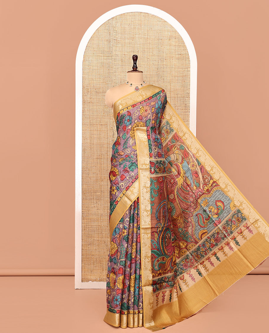Purple Kalamkari Saree, Decorated with Floral Print, Complemented by Contrast Zari Border, Pallu of Fauna Motifs, and a Contrast Blouse