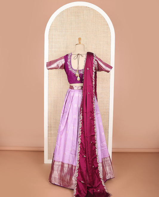 Lavender checked, floral art silk half saree with contrast zari design border, embroidered blouse & floral embroidery dhavani
