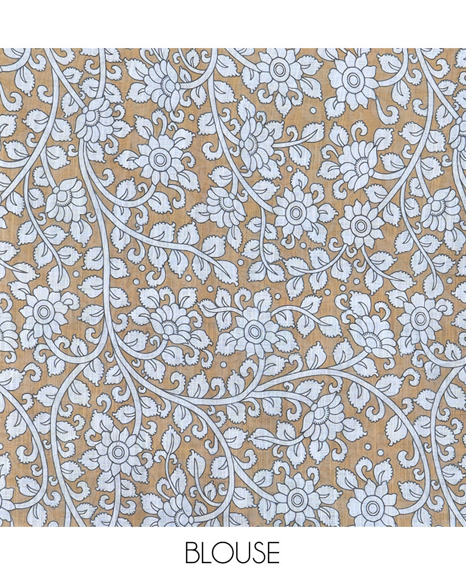Teal Blue Linen Cotton Saree Features Kalamkari Human Figurines, a Piping Border, Kalamkari Pallu, Contrast Blouse