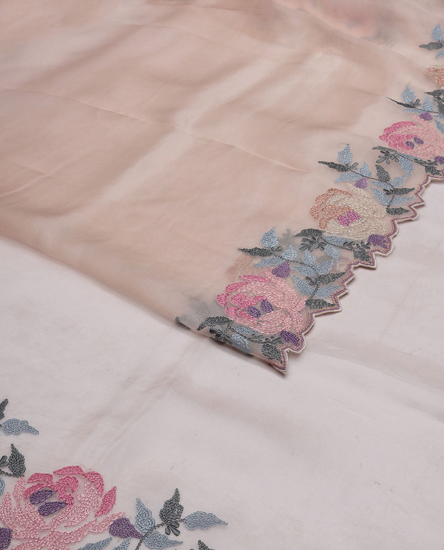 Baby pink organza saree with self floral embroidery, scallop border