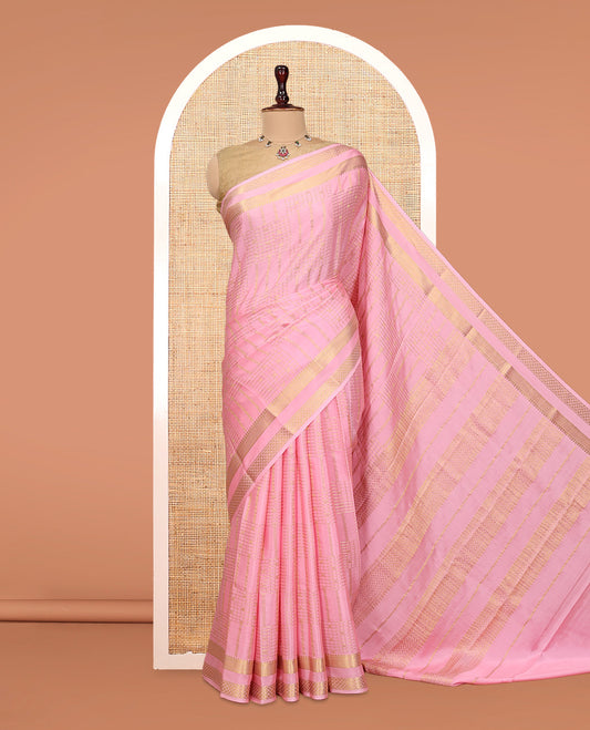 Pink Mysore Silk Saree, Gleamed Up with Zari Designs, Highlighted by a Traditional Zari Border, Intricate Pallu, and a Matching Blouse